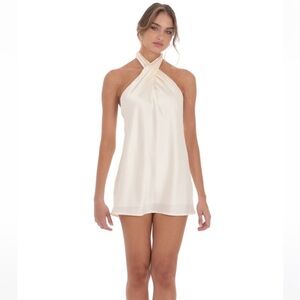 Lucy in the Sky Satin Cross Halter Dress in Cream